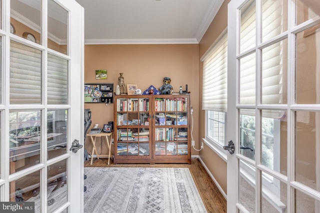 8 Adams Ln, Hainesport, NJ 08036 - home office featuring french doors, crown molding, wood finished floors, and baseboards