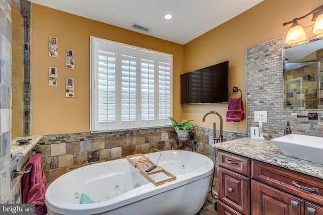 8 Adams Ln, Hainesport, NJ 08036 - bathroom with a whirlpool tub, vanity, a tile shower, and recessed lighting