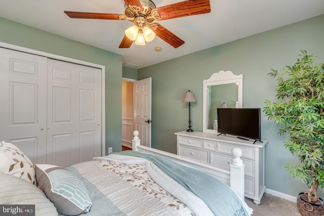 8 Adams Ln, Hainesport, NJ 08036 - bedroom featuring a closet, light carpet, a ceiling fan, and baseboards