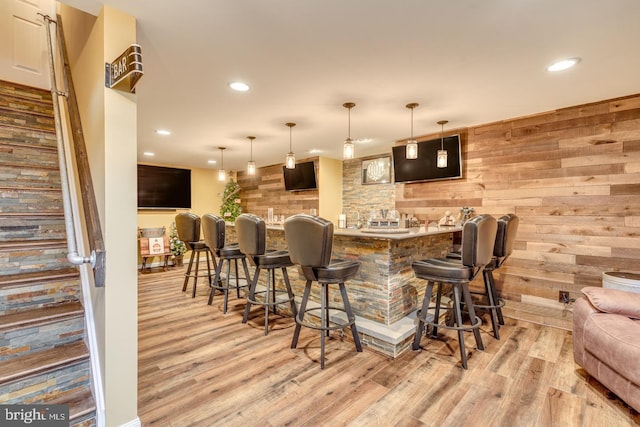 8 Adams Ln, Hainesport, NJ 08036 - indoor wet bar featuring light wood finished floors, recessed lighting, pendant lighting, and wood walls