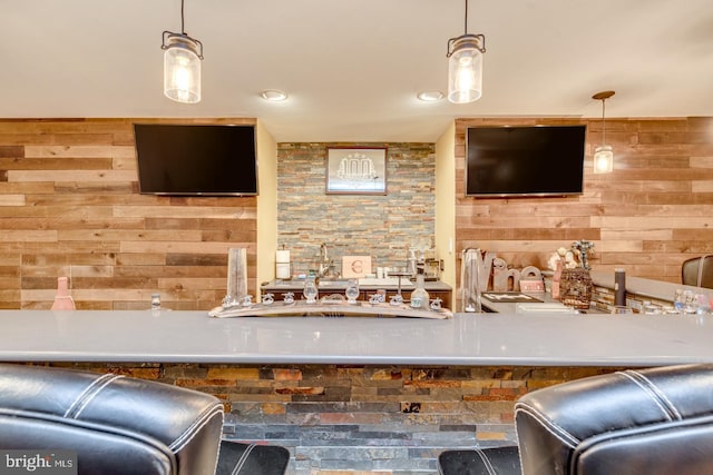 8 Adams Ln, Hainesport, NJ 08036 - bar area featuring wood walls and pendant lighting