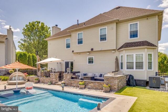 8 Adams Ln, Hainesport, NJ 08036 - back of house featuring a patio, central AC, an outdoor hangout area, a chimney, and a shingled roof