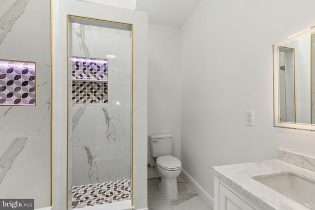 5724 Pine St, Philadelphia, PA 19143 - full bathroom featuring marble look tiles, vanity, toilet, baseboards, and a marble finish shower