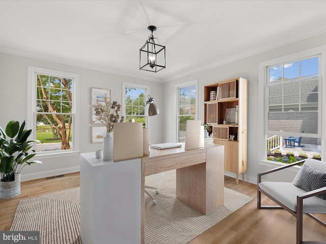 138 Park Side Cir, Ocean Pines, MD 21811 - office space featuring crown molding, healthy amount of natural light, light wood-style floors, and a chandelier