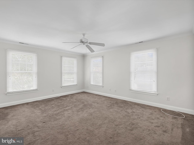 138 Park Side Cir, Ocean Pines, MD 21811 - carpeted spare room with crown molding, a ceiling fan, and healthy amount of natural light