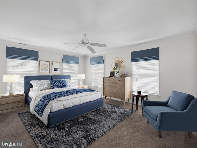 138 Park Side Cir, Ocean Pines, MD 21811 - carpeted bedroom featuring multiple windows, crown molding, and a ceiling fan