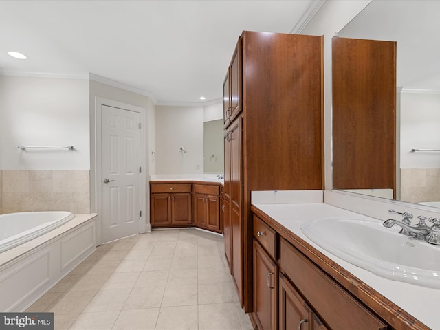 138 Park Side Cir, Ocean Pines, MD 21811 - full bathroom featuring vanity, a bath, ornamental molding, recessed lighting, and tile patterned flooring