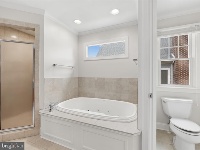 138 Park Side Cir, Ocean Pines, MD 21811 - bathroom with tile patterned floors, a stall shower, a whirlpool tub, and ornamental molding