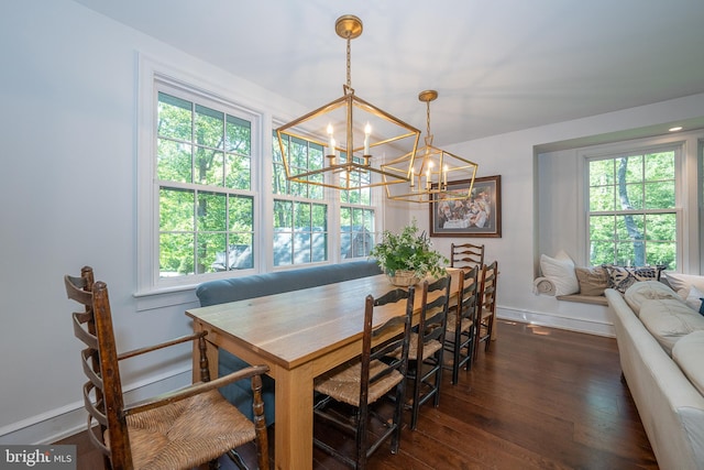 2 Earles Ln, Newtown Square, PA 19073 - dining room featuring a chandelier, baseboards, dark wood-style flooring, and healthy amount of natural light