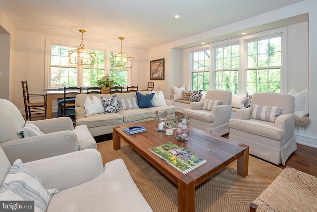 2 Earles Ln, Newtown Square, PA 19073 - living room featuring wood finished floors, a chandelier, and recessed lighting