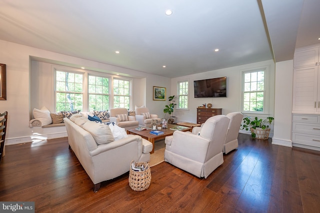 2 Earles Ln, Newtown Square, PA 19073 - living room featuring dark wood-style flooring, recessed lighting, and baseboards