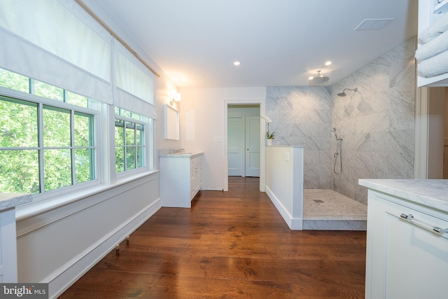 2 Earles Ln, Newtown Square, PA 19073 - bathroom featuring vanity, walk in shower, wood finished floors, and recessed lighting