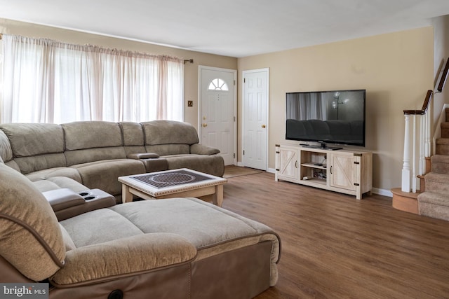 454 N Manor Dr, Media, PA 19063 - living room with stairway, wood finished floors, and baseboards