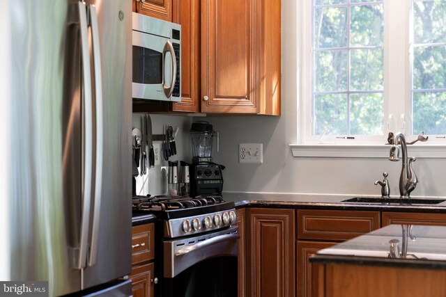 43433 Blair Park Sq, Ashburn, VA 20147 - kitchen with stainless steel appliances, a sink, brown cabinetry, and dark countertops