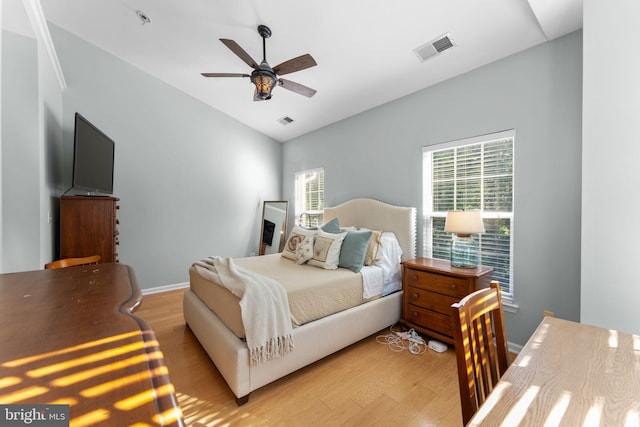 43433 Blair Park Sq, Ashburn, VA 20147 - bedroom featuring vaulted ceiling, light wood-style flooring, baseboards, and a ceiling fan