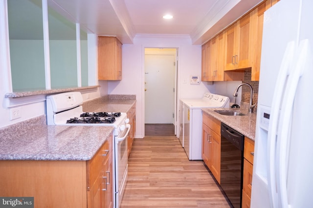 10248 Prince Pl Unit 23-102, Upper Marlboro, MD 20774 - kitchen with white appliances, washing machine and clothes dryer, crown molding, light wood finished floors, and recessed lighting
