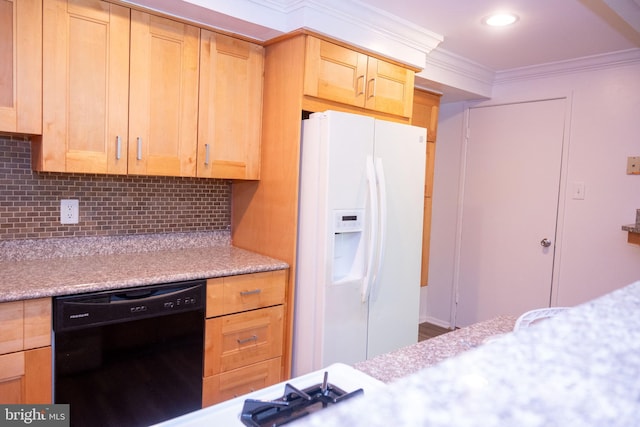 10248 Prince Pl Unit 23-102, Upper Marlboro, MD 20774 - kitchen with white fridge with ice dispenser, dishwasher, light brown cabinetry, light countertops, and backsplash