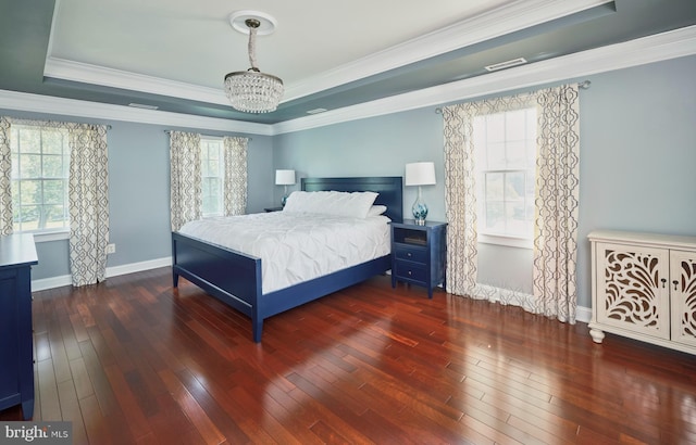 4953 Gloucester Dr, Doylestown, PA 18902 - bedroom featuring a raised ceiling, multiple windows, a chandelier, hardwood / wood-style flooring, and ornamental molding
