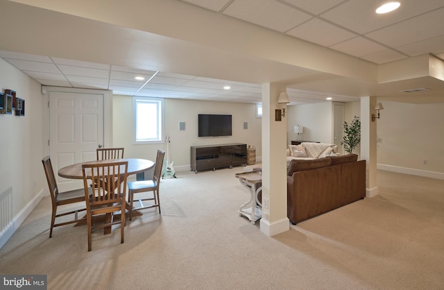 4953 Gloucester Dr, Doylestown, PA 18902 - dining space with a paneled ceiling, light carpet, baseboards, and recessed lighting