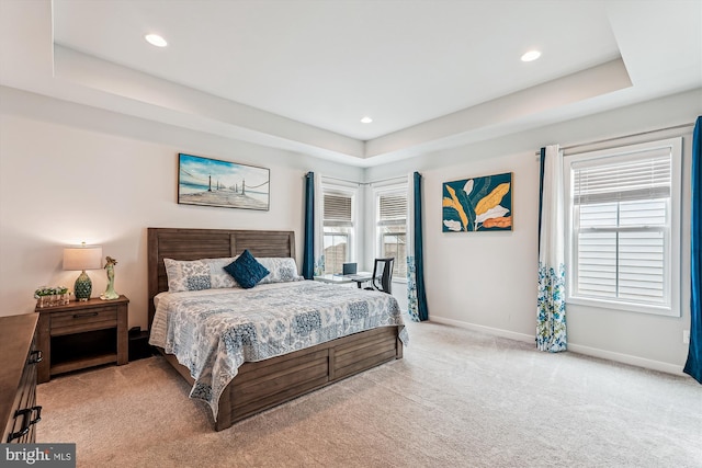 42023 Spring Air Dr, Brambleton, VA 20148 - bedroom with a raised ceiling, light carpet, baseboards, and recessed lighting