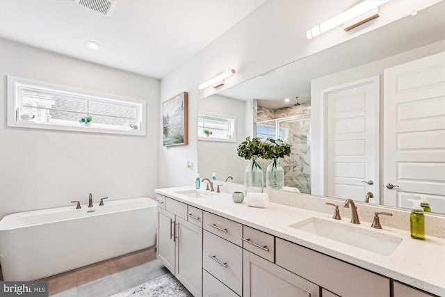 42023 Spring Air Dr, Brambleton, VA 20148 - full bathroom featuring a stall shower, plenty of natural light, a freestanding bath, and double vanity