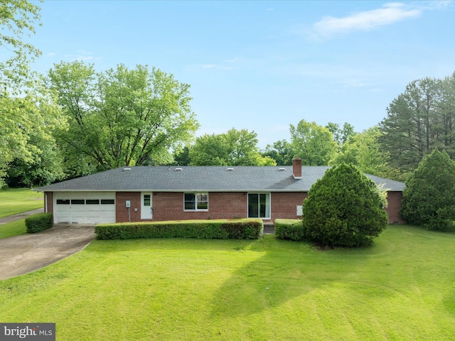 717 W Locust St, Woodstock, VA 22664 - ranch-style house with a garage, concrete driveway, a front lawn, and a chimney