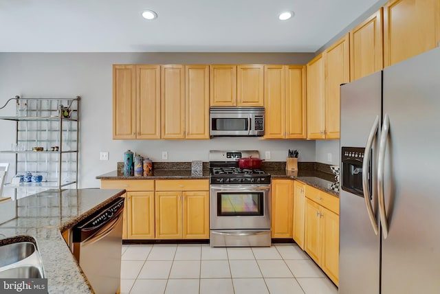 9 Cherry Ct, Lafayette Hill, PA 19444 - kitchen featuring appliances with stainless steel finishes, light brown cabinetry, recessed lighting, and dark stone counters