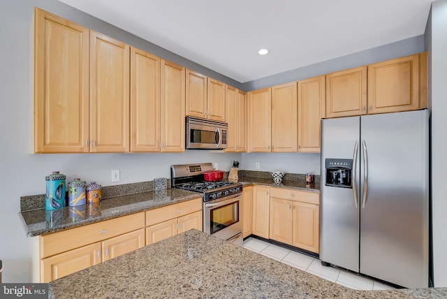 9 Cherry Ct, Lafayette Hill, PA 19444 - kitchen with stainless steel appliances, light brown cabinets, dark stone countertops, and recessed lighting