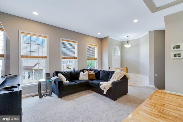 9 Cherry Ct, Lafayette Hill, PA 19444 - living area with wood finished floors, recessed lighting, baseboards, a wainscoted wall, and ornamental molding