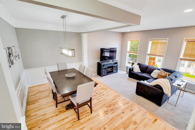 9 Cherry Ct, Lafayette Hill, PA 19444 - living area with healthy amount of natural light, light wood-type flooring, decorative columns, recessed lighting, and a wainscoted wall
