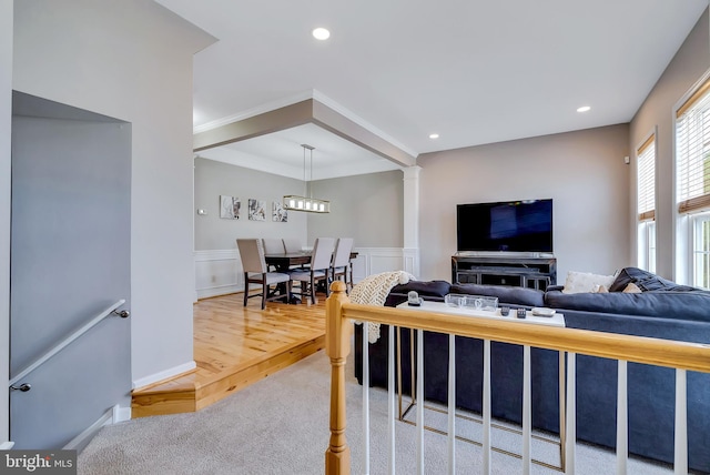 9 Cherry Ct, Lafayette Hill, PA 19444 - living room featuring carpet, a wainscoted wall, and recessed lighting