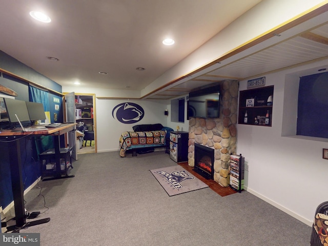 106 Pebble Ln, Bellefonte, PA 16823 - living area with carpet, baseboards, a fireplace, and recessed lighting