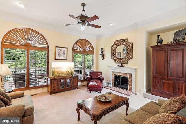 20369 Stillhouse Branch Pl, Sterling, VA 20165 - living area featuring light colored carpet, a ceiling fan, crown molding, a brick fireplace, and recessed lighting