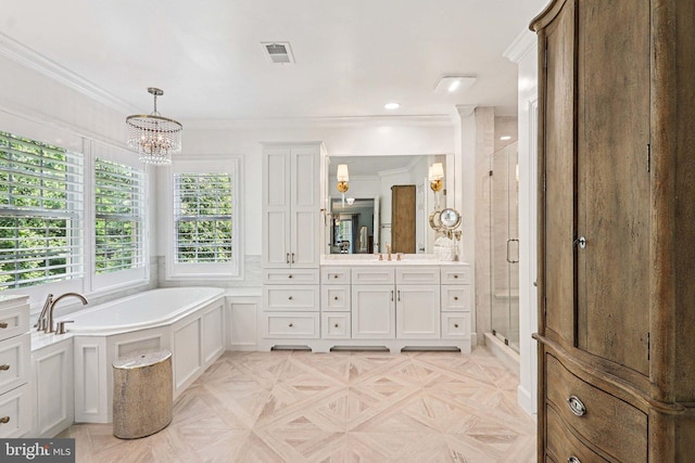 20369 Stillhouse Branch Pl, Sterling, VA 20165 - bathroom with vanity, a stall shower, crown molding, a chandelier, and a bath