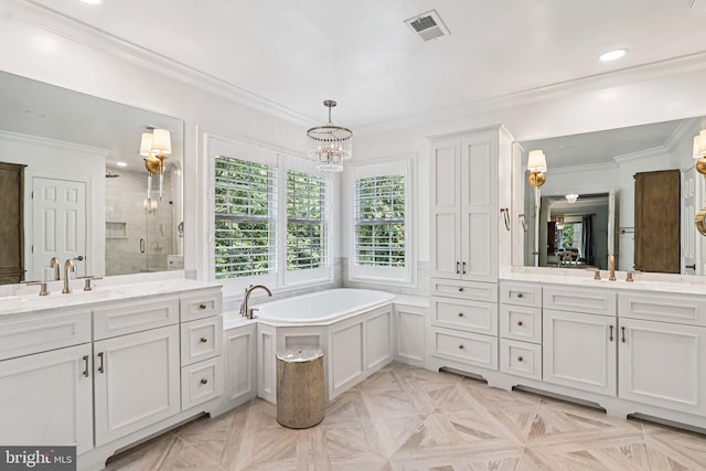 20369 Stillhouse Branch Pl, Sterling, VA 20165 - full bath featuring two vanities, a stall shower, a chandelier, ornamental molding, and a bath