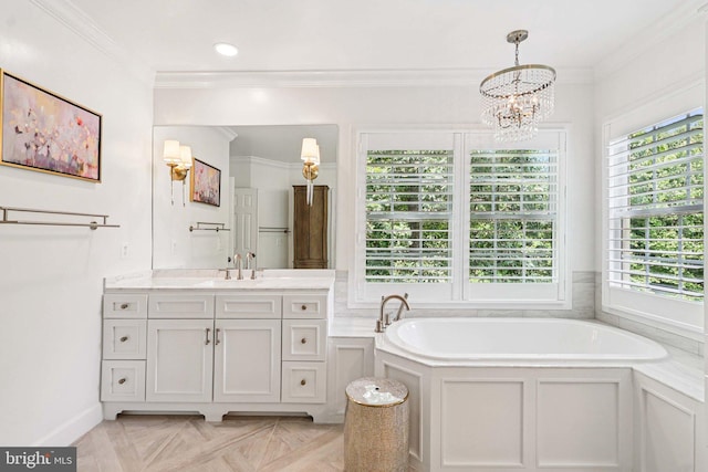 20369 Stillhouse Branch Pl, Sterling, VA 20165 - full bathroom with vanity, a chandelier, ornamental molding, a bath, and baseboards