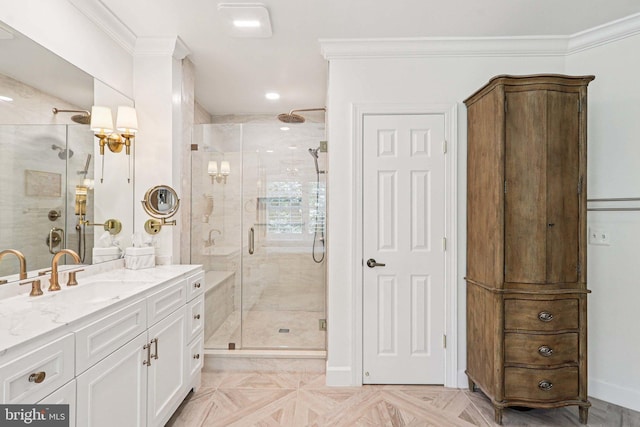 20369 Stillhouse Branch Pl, Sterling, VA 20165 - full bath featuring vanity, a stall shower, crown molding, recessed lighting, and baseboards