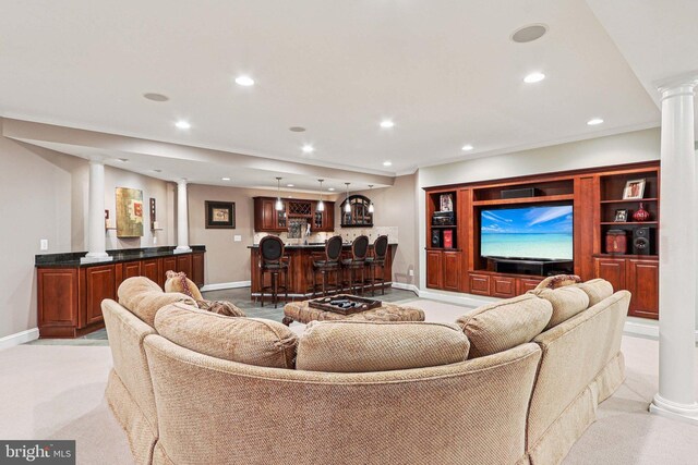 20369 Stillhouse Branch Pl, Sterling, VA 20165 - living room with ornate columns, wet bar, baseboards, and recessed lighting