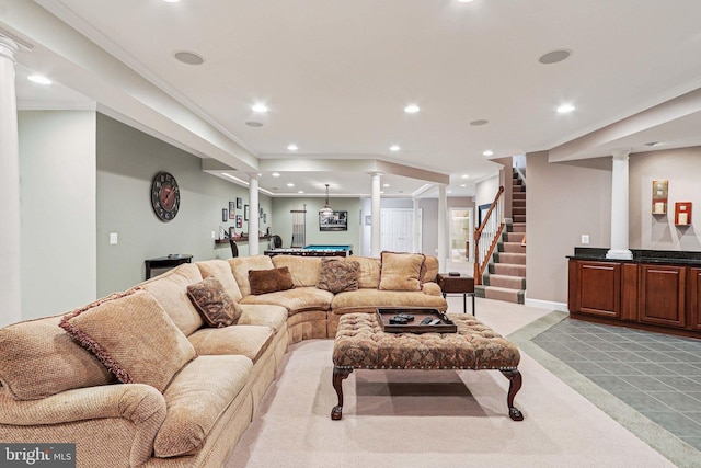 20369 Stillhouse Branch Pl, Sterling, VA 20165 - living area with decorative columns, bar, recessed lighting, pool table, and stairs