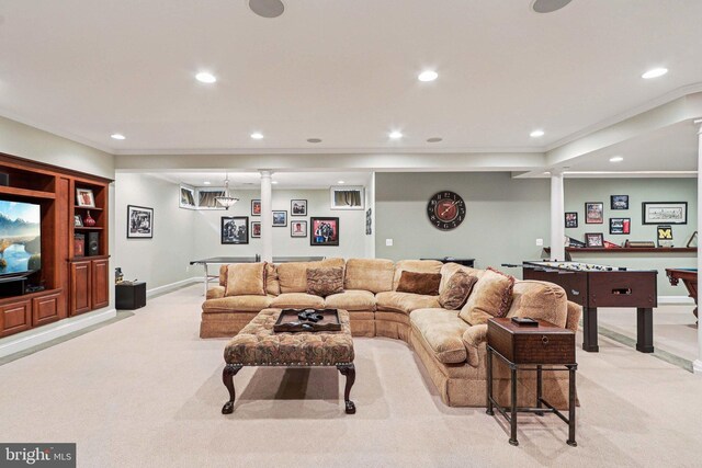 20369 Stillhouse Branch Pl, Sterling, VA 20165 - living area featuring light carpet, recessed lighting, ornamental molding, and baseboards