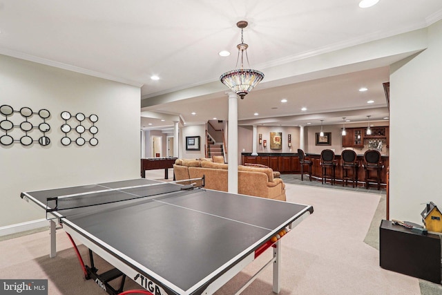 20369 Stillhouse Branch Pl, Sterling, VA 20165 - rec room with recessed lighting, crown molding, a community bar, light colored carpet, and decorative columns