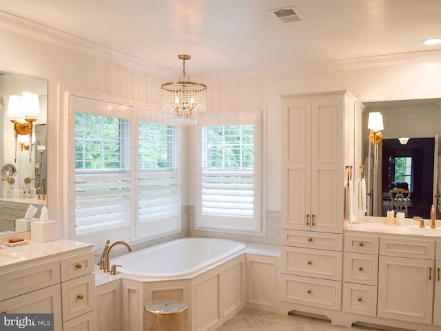 20369 Stillhouse Branch Pl, Sterling, VA 20165 - full bathroom featuring ornamental molding, vanity, a garden tub, and a chandelier