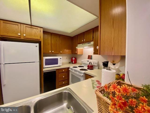 3605 Haley Ct, Wilmington, DE 19808 - kitchen featuring white appliances, under cabinet range hood, light countertops, and brown cabinets