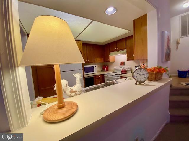 3605 Haley Ct, Wilmington, DE 19808 - kitchen featuring white appliances, under cabinet range hood, a sink, light countertops, and baseboards