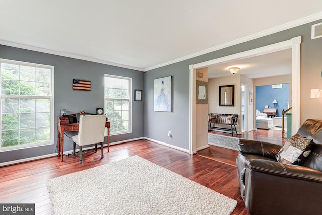 208 E Bradford Ct, Middletown, DE 19709 - home office with healthy amount of natural light, wood-type flooring, ornamental molding, and baseboards