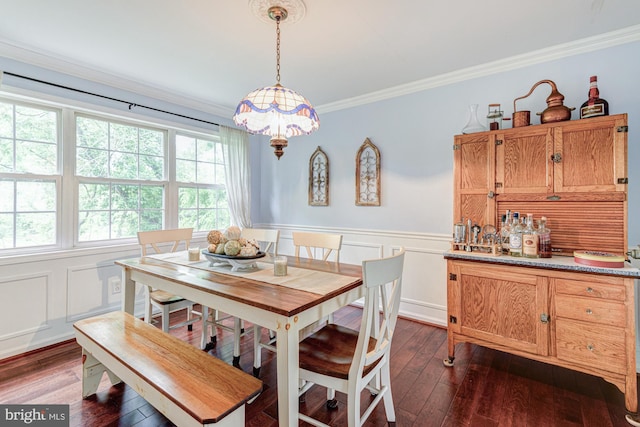 208 E Bradford Ct, Middletown, DE 19709 - dining room with dark wood-style flooring, ornamental molding, wainscoting, and a decorative wall