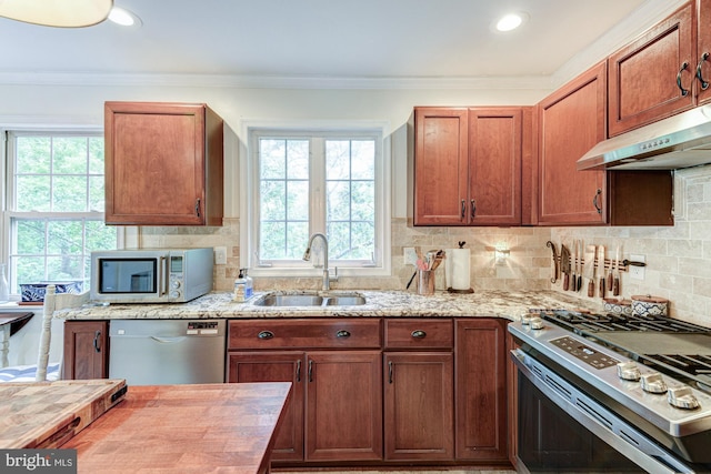 208 E Bradford Ct, Middletown, DE 19709 - kitchen featuring appliances with stainless steel finishes, a sink, under cabinet range hood, backsplash, and crown molding