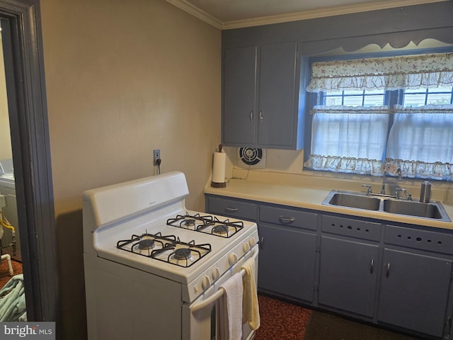 408 Dover St, Salisbury, MD 21804 - kitchen with white range with gas cooktop, a sink, gray cabinetry, ornamental molding, and light countertops