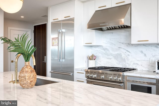 1330 Lancaster St Unit C701, Baltimore, MD 21231 - kitchen with under cabinet range hood, premium appliances, tasteful backsplash, white cabinetry, and light stone countertops