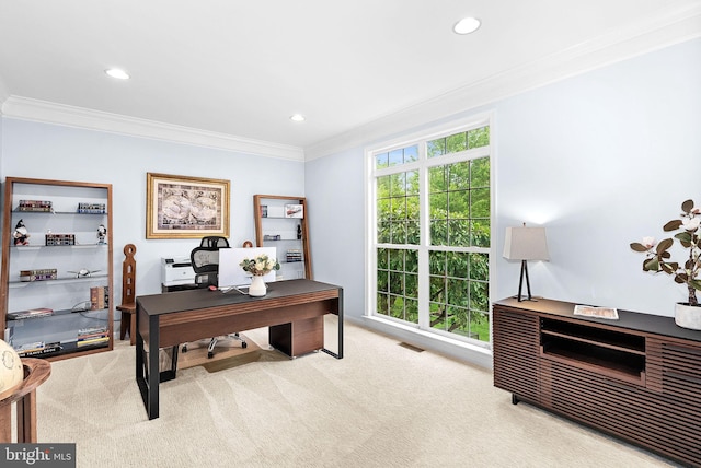 7633 Great Dover St, Gainesville, VA 20155 - office with ornamental molding, light colored carpet, and recessed lighting